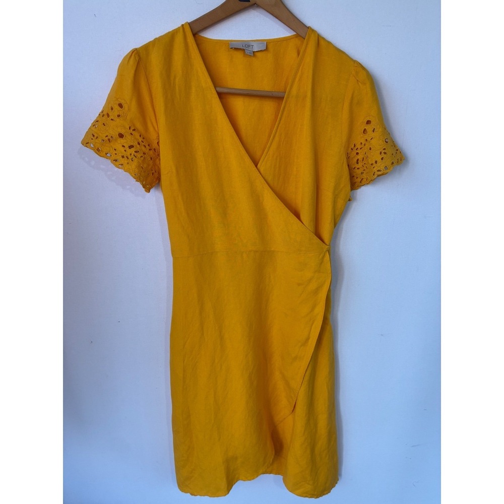 LOFT Wrap Dress Eyelet Sleeve Linen Blend Womens S Yellow Excellent